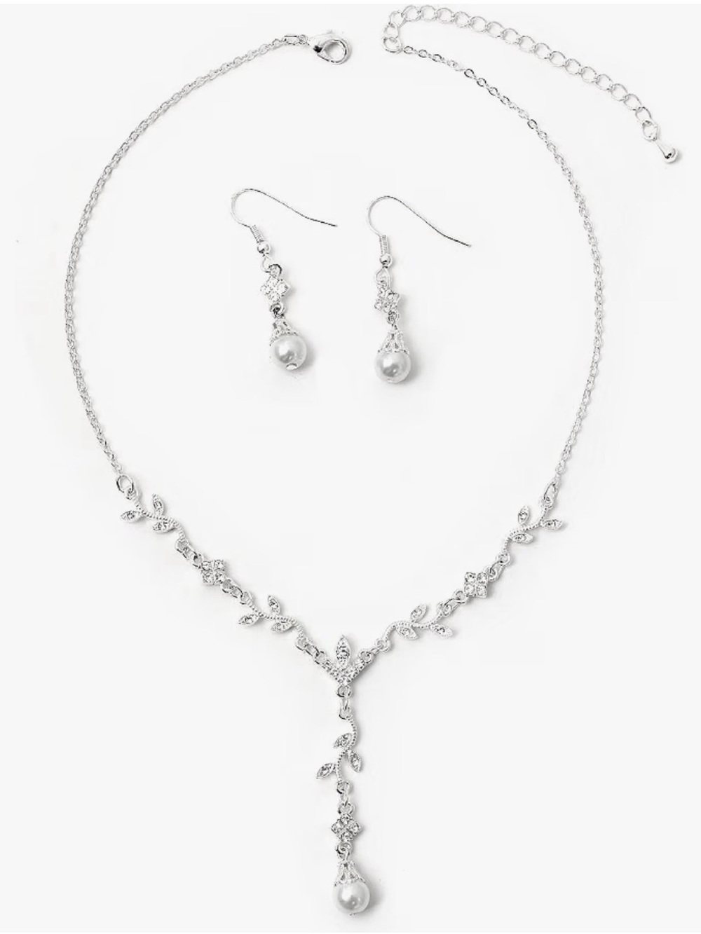 Elegant Silver Pearl Drop Necklace and Earrings Set x2